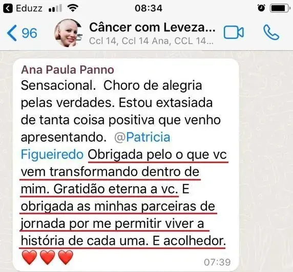 Mensagem de aluna do Câncer com Leveza