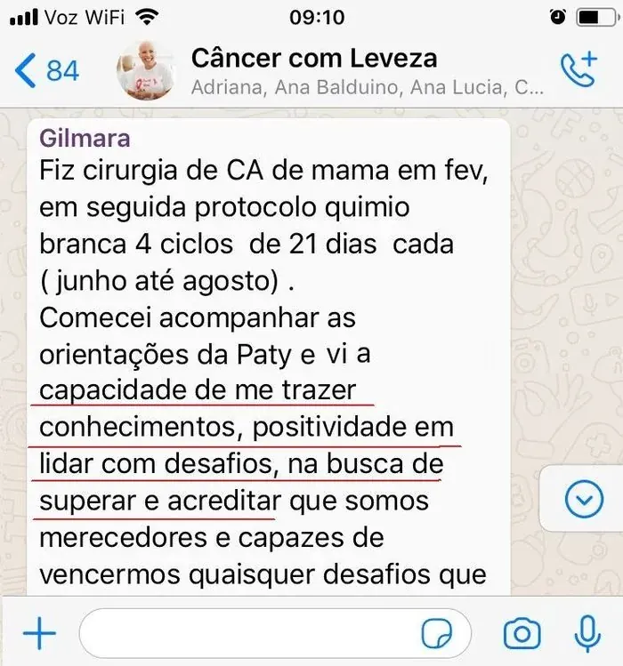 Mensagem de aluna do Câncer com Leveza