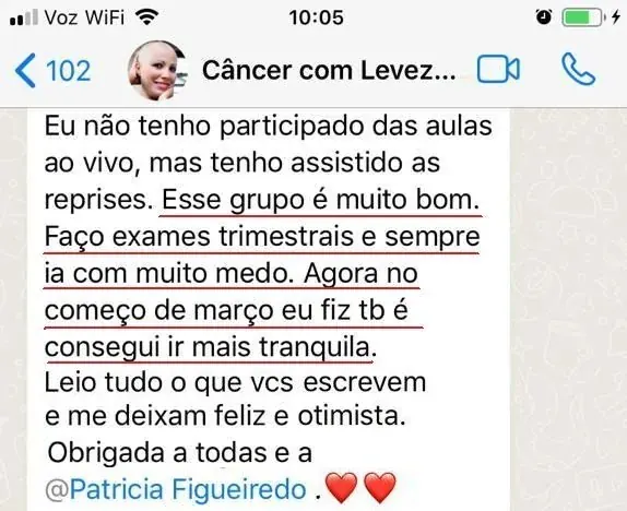 Mensagem de aluna do Câncer com Leveza