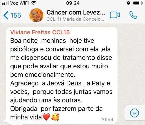 Mensagem de aluna do Câncer com Leveza